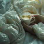 Lady drinking coffee in bed