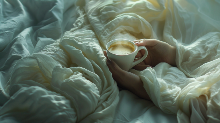 Lady drinking coffee in bed
